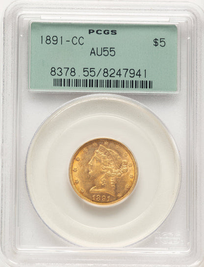 1891-CC $5 Liberty Half Eagle PCGS AU55