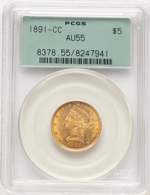 1891-CC $5 Liberty Half Eagle PCGS AU55
