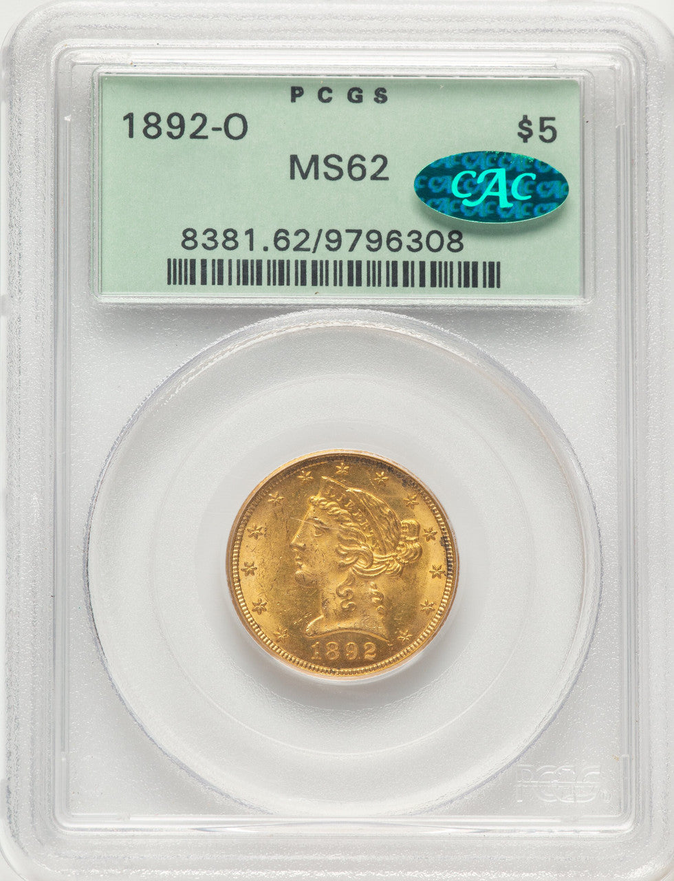 1892-O $5 CAC Liberty Half Eagle PCGS MS62