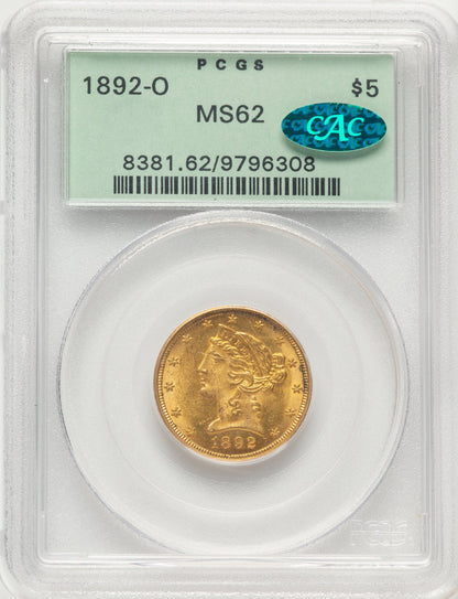 1892-O $5 CAC Liberty Half Eagle PCGS MS62