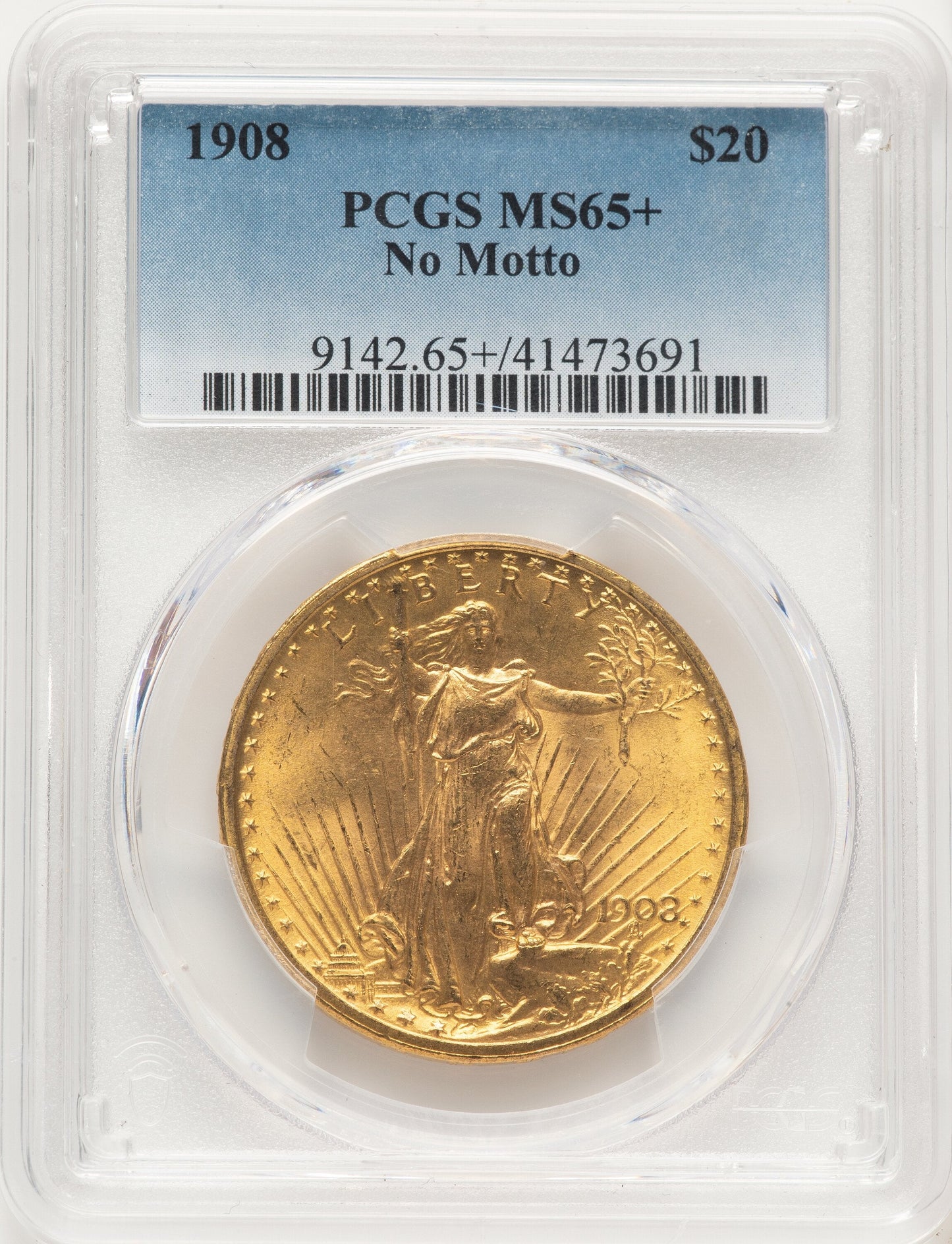 1908 $20 NO MOTTO Saint-Gaudens Double Eagle PCGS MS65+
