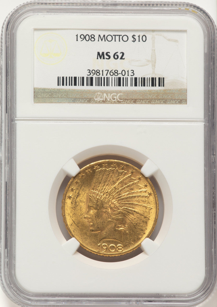 1908 $10 MOTTO Indian Eagle NGC MS62
