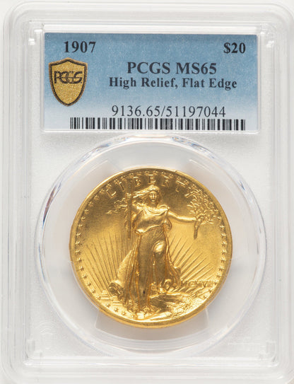 1907 $20 Flat Rim High Relief Double Eagle PCGS MS65