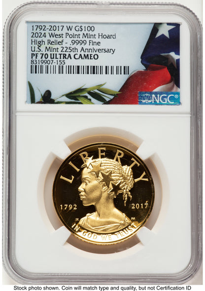 2017-W G$100 American Liberty High Relief 2024 West Point Mint Hoard Bunting Flag NGC PF70