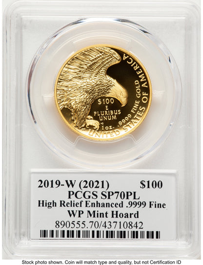 2019-W G$100 American Liberty High Relief Enhanced PL WP Mint Hoard Emily Damstra PCGS MS70