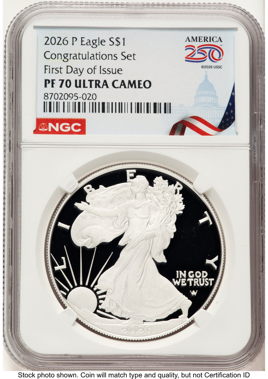 2026-P Proof Silver Eagle Congratulations Set 1 oz FDI America 250 Congress Building Label NGC PF70
