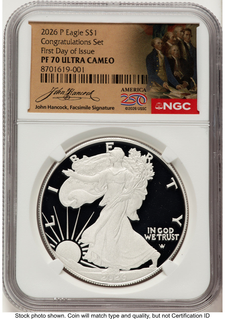 2026-P Proof Silver Eagle Congratulations Set 1 oz FDI America 250 John Hancock Label NGC PF70