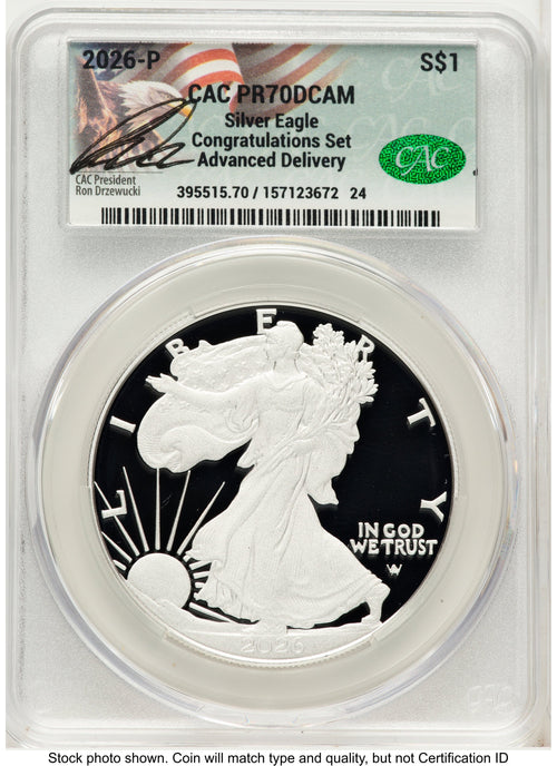 2026-P Proof Silver Eagle Congratulations Set 1 oz Advanced Delivery Ron Drzewucki CACG PR70