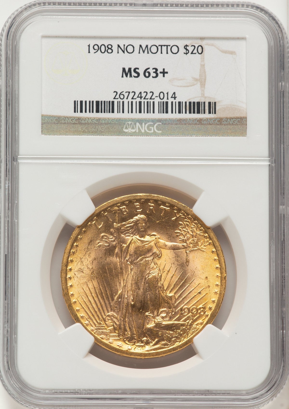 1908 $20 NO MOTTO Brown Label Saint-Gaudens Double Eagle NGC MS63+