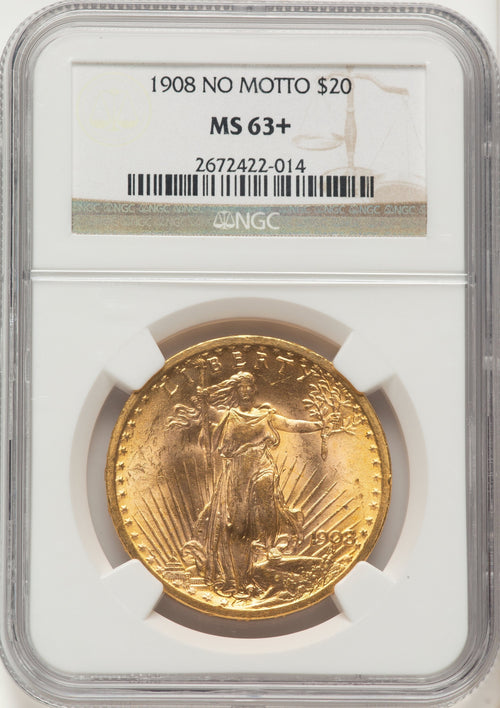 1908 $20 NO MOTTO Brown Label Saint-Gaudens Double Eagle NGC MS63+