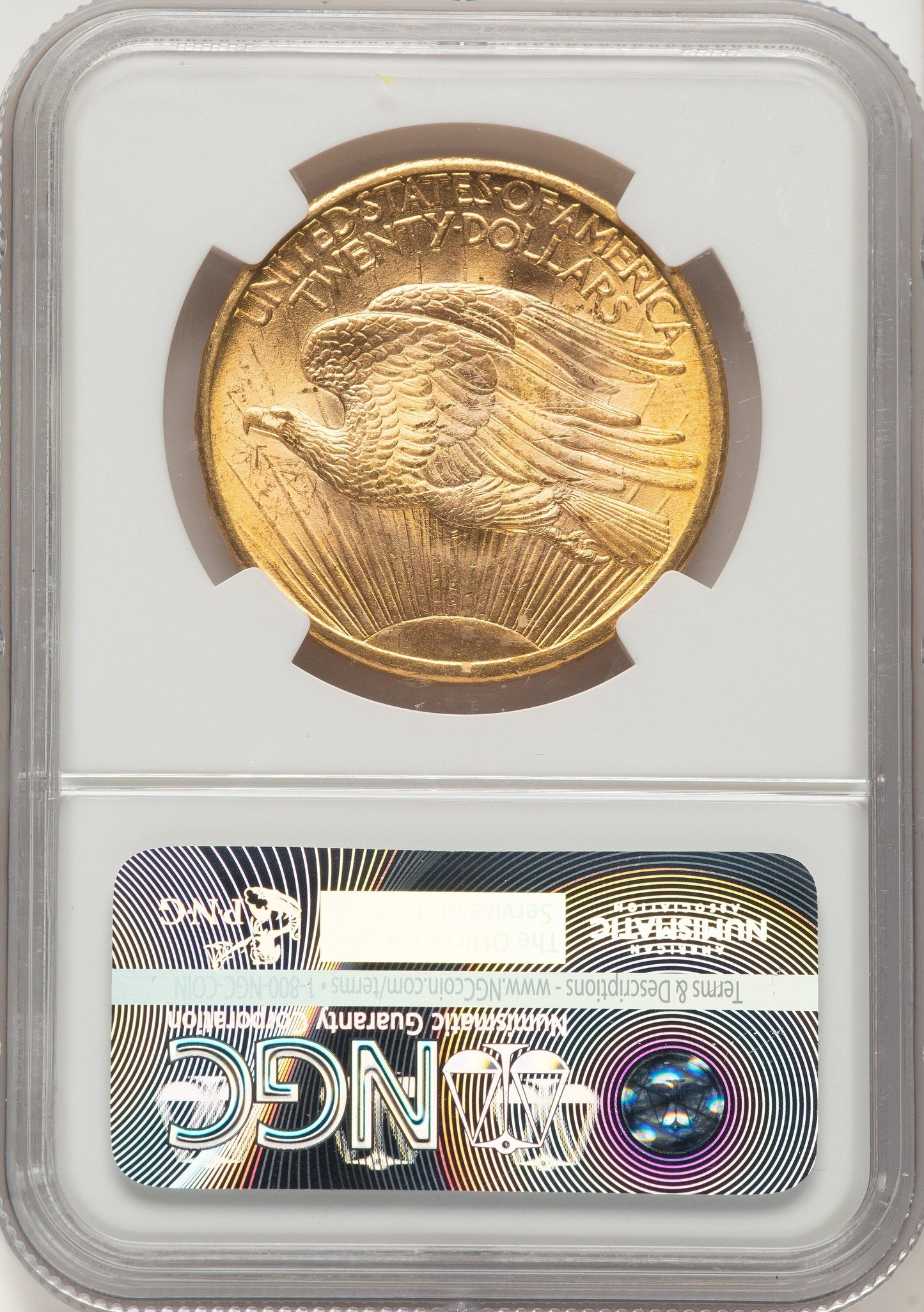 1908 $20 NO MOTTO Brown Label Saint-Gaudens Double Eagle NGC MS63+