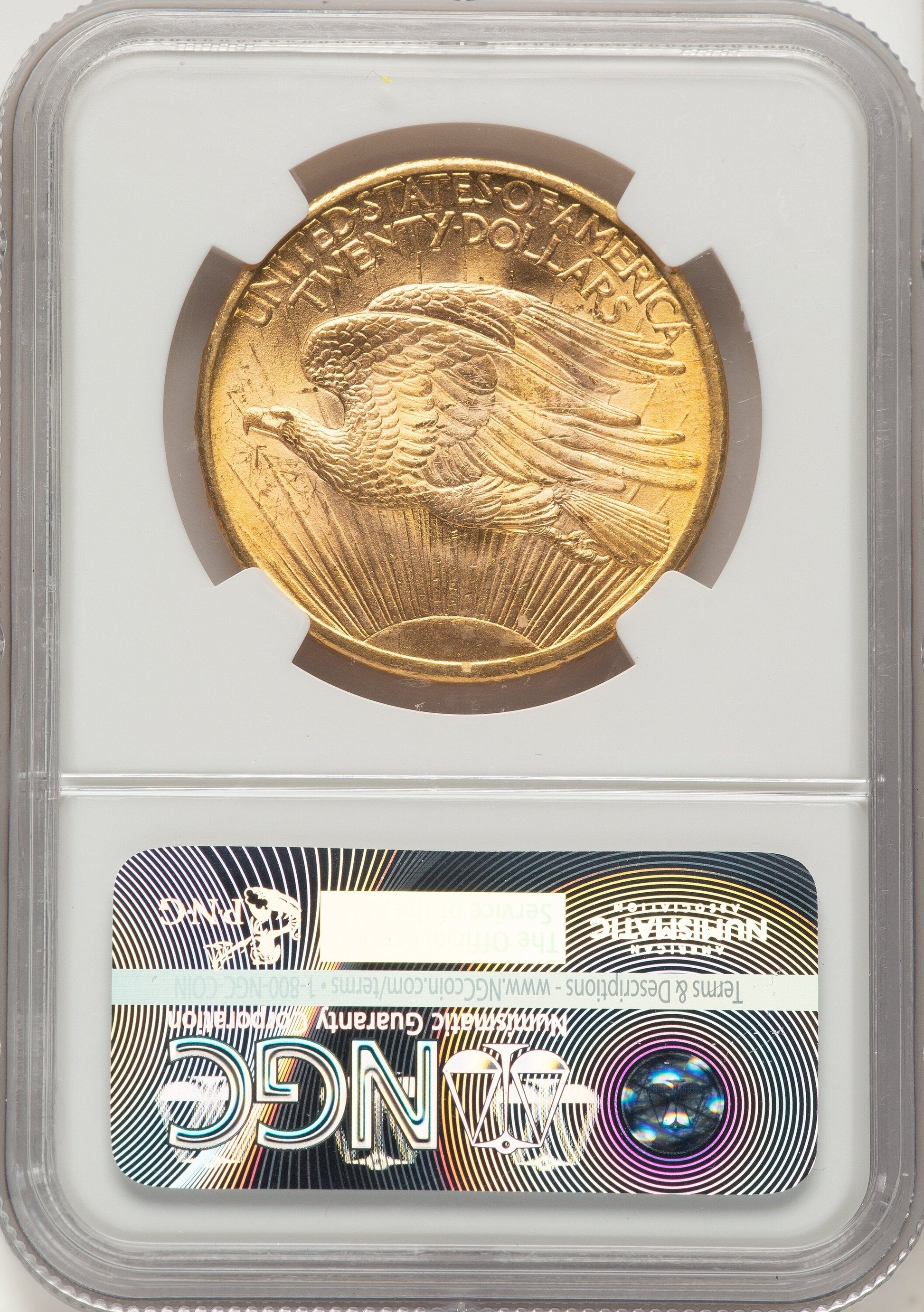 1908 $20 NO MOTTO Brown Label Saint-Gaudens Double Eagle NGC MS63+