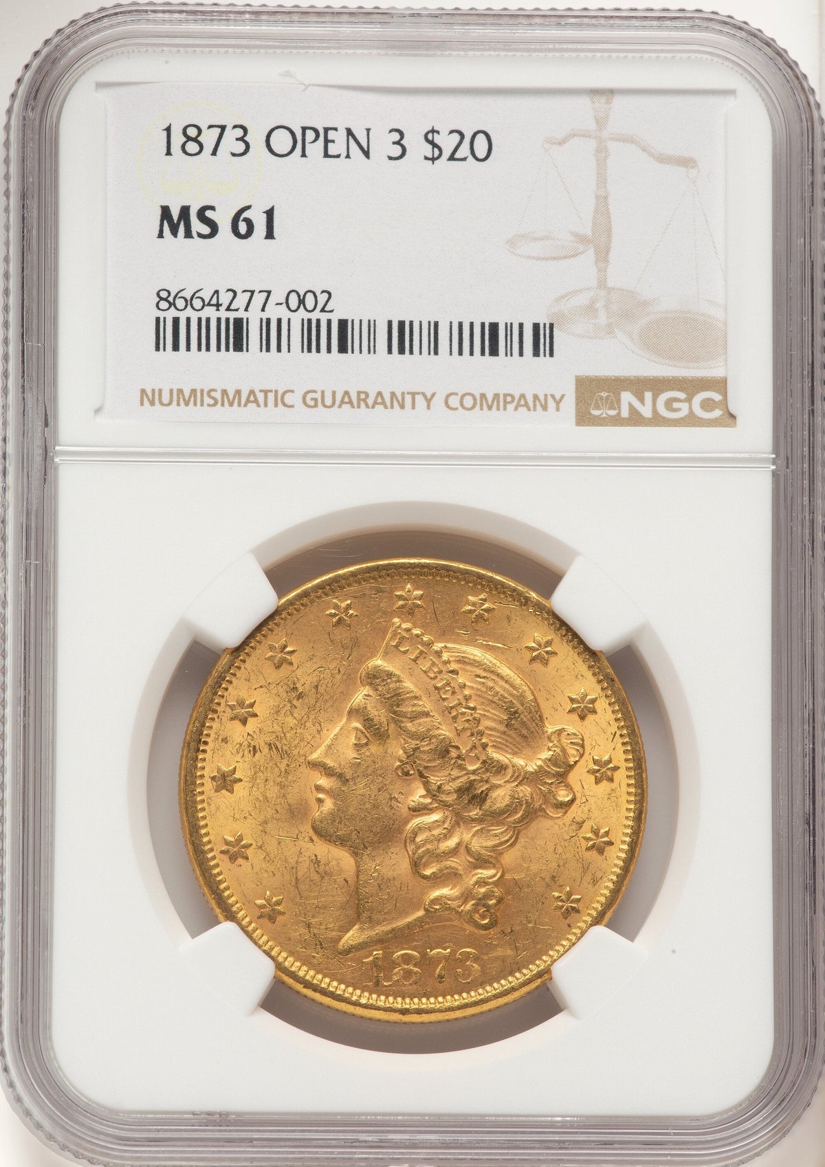 1873 $20 OPEN 3 Liberty Double Eagle NGC MS61