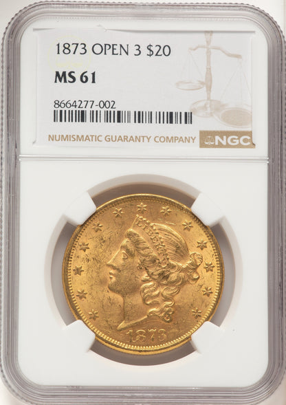 1873 $20 OPEN 3 Liberty Double Eagle NGC MS61