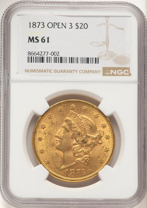 1873 $20 OPEN 3 Liberty Double Eagle NGC MS61