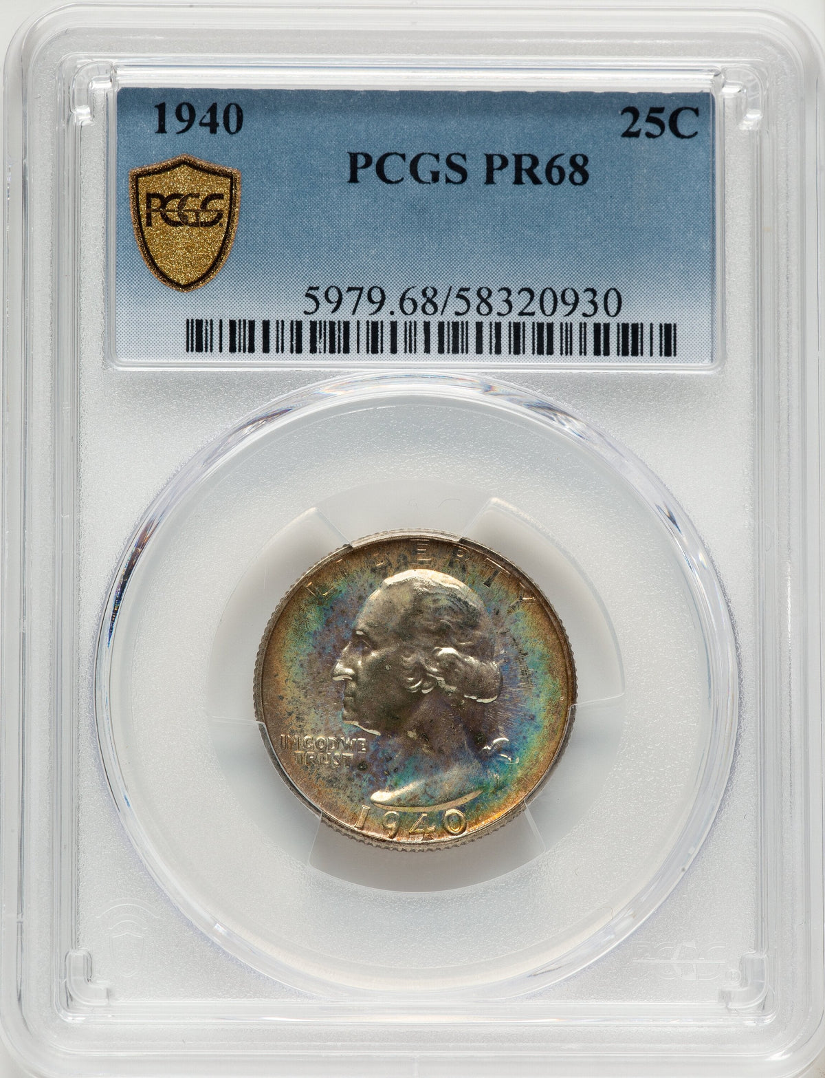 1940 25C Proof Washington Quarter PCGS PR68