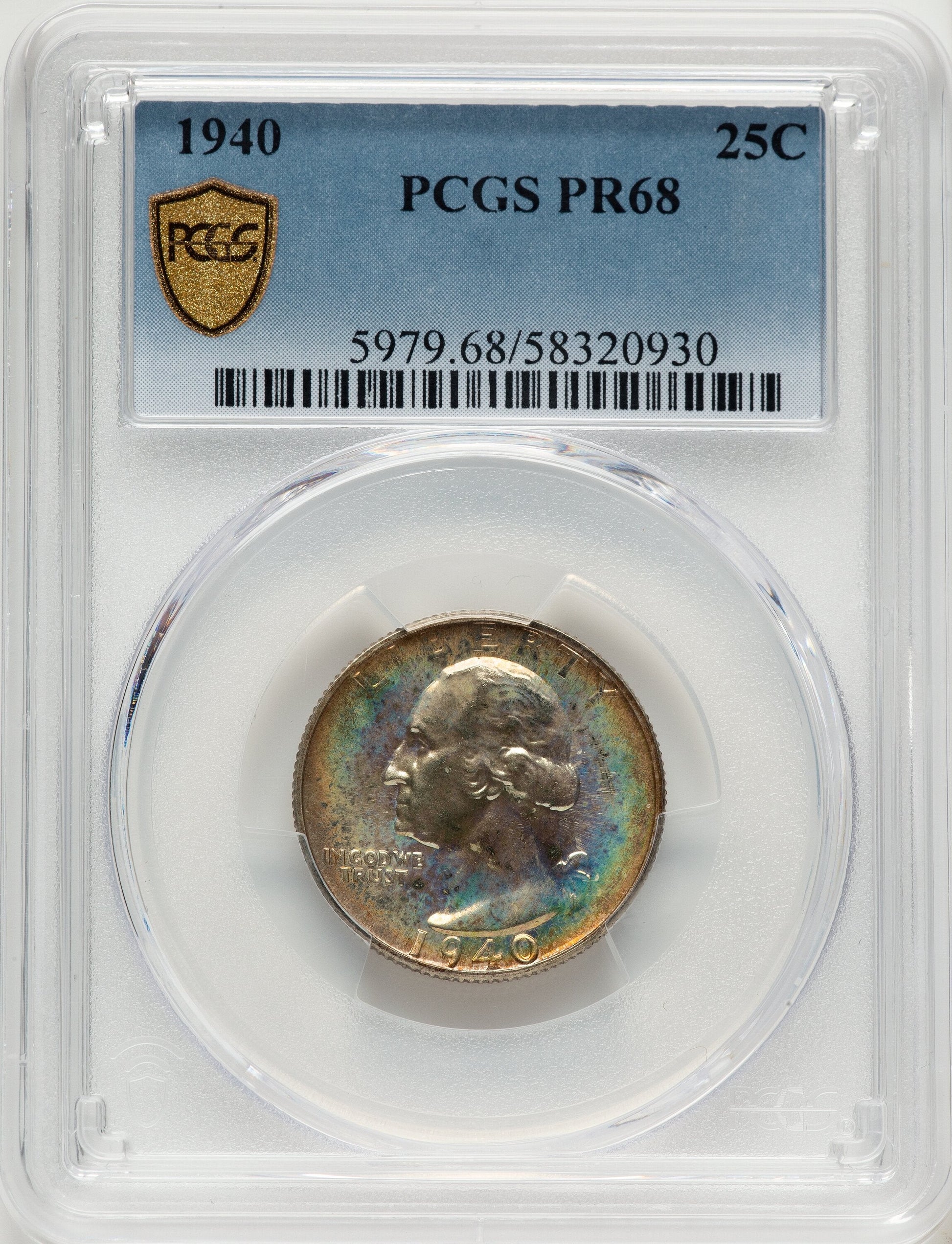1940 25C Proof Washington Quarter PCGS PR68
