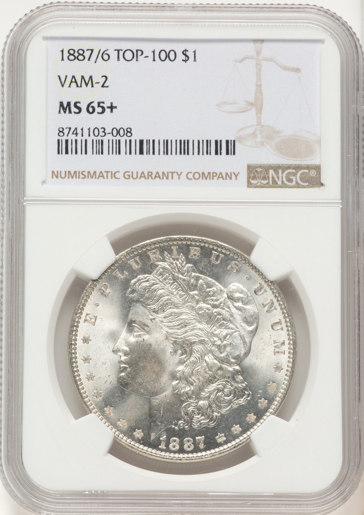 1887/6 $1 VAM-2 Morgan Dollar NGC MS65+