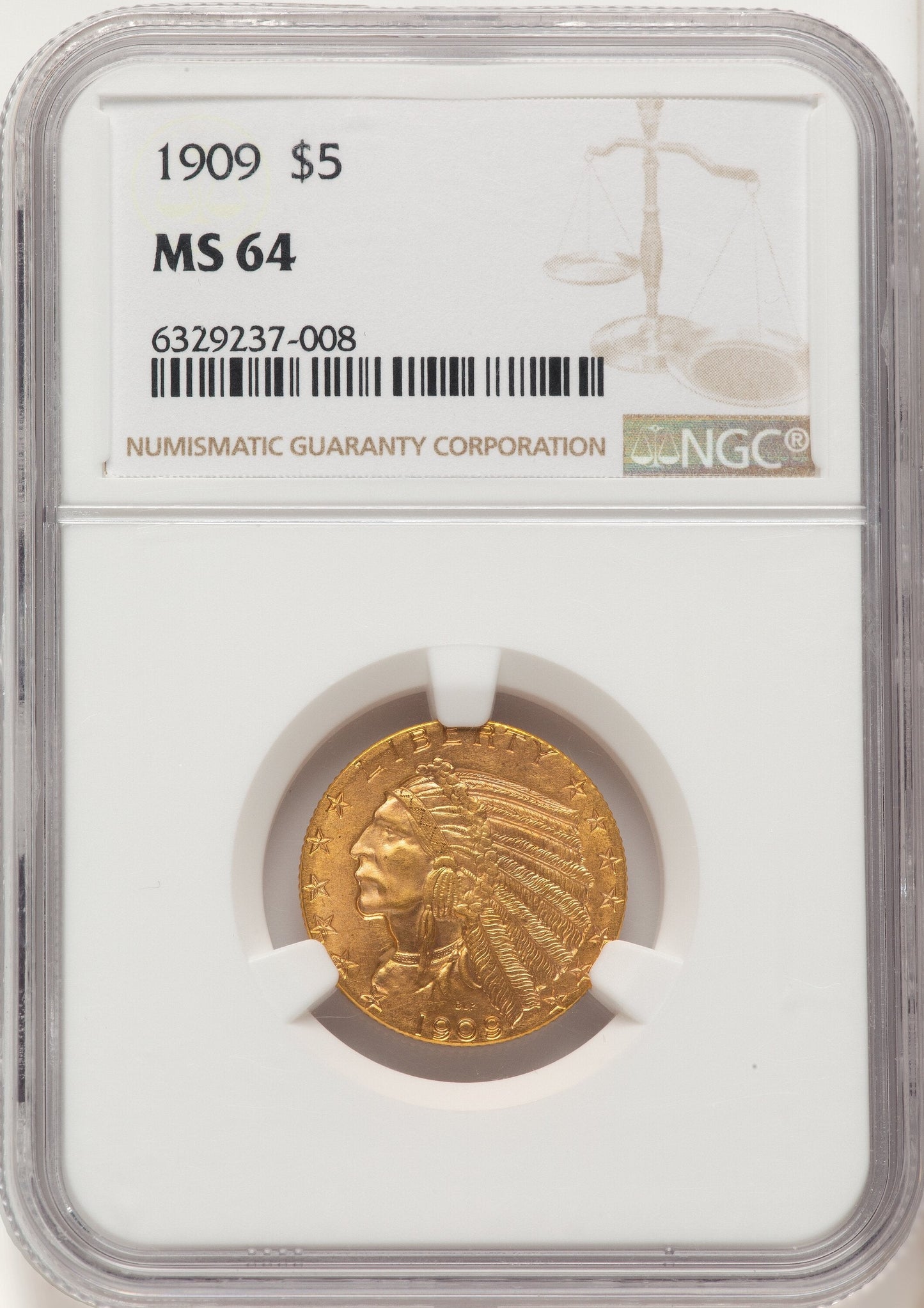 1909 $5 Indian Half Eagle NGC MS64