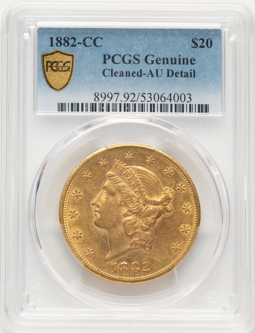 1882-CC $20 Genuine Liberty Double Eagle Genuine PCGS AU50