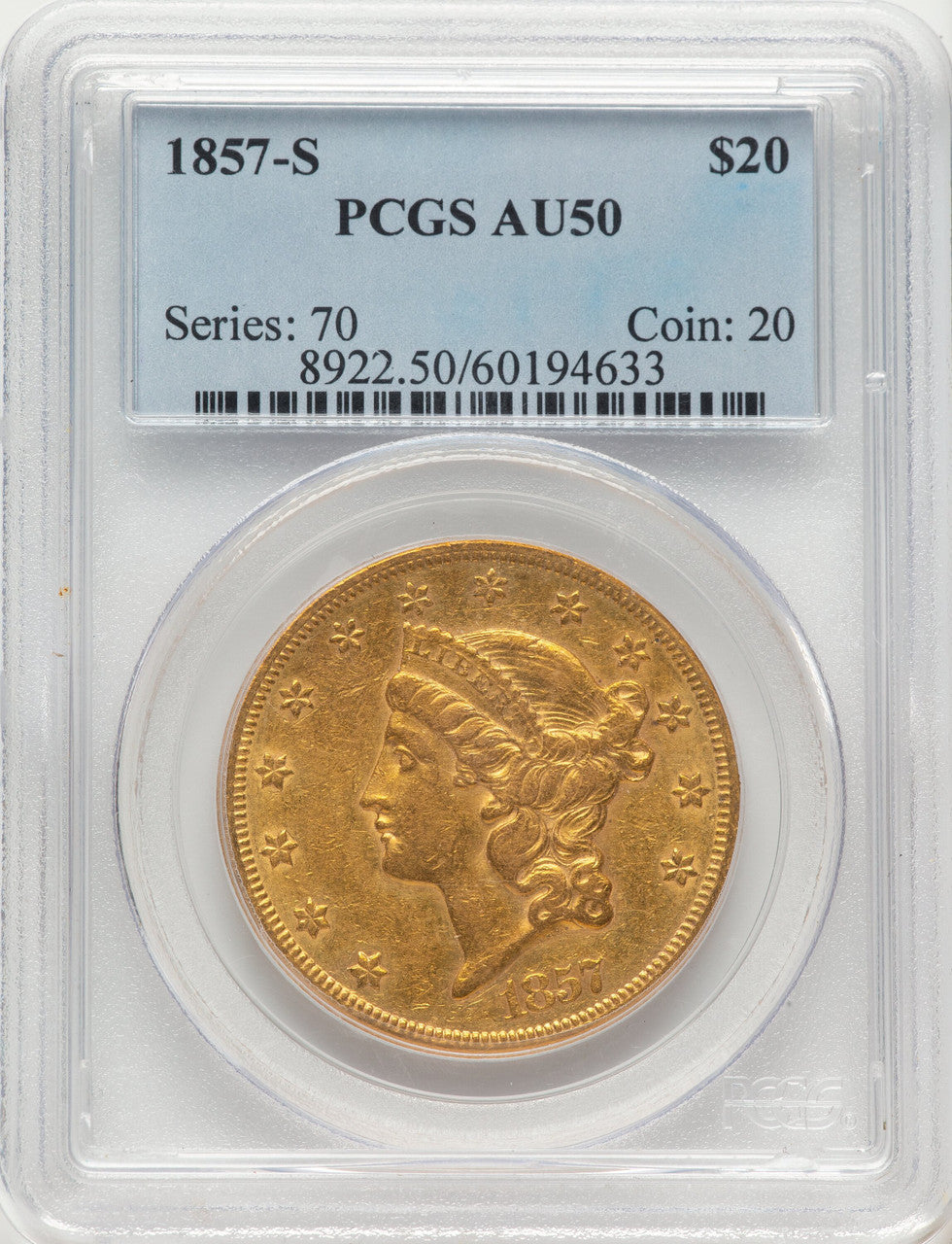 1857-S $20 Blue Gradient Liberty Double Eagle PCGS AU50