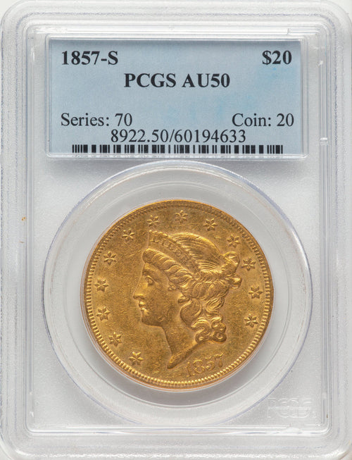 1857-S $20 Blue Gradient Liberty Double Eagle PCGS AU50