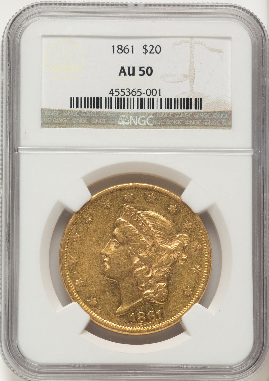 1861 $20 Brown Label Liberty Double Eagle NGC AU50