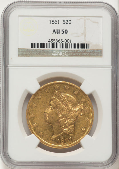 1861 $20 Brown Label Liberty Double Eagle NGC AU50