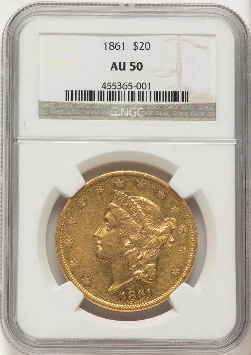 1861 $20 Brown Label Liberty Double Eagle NGC AU50