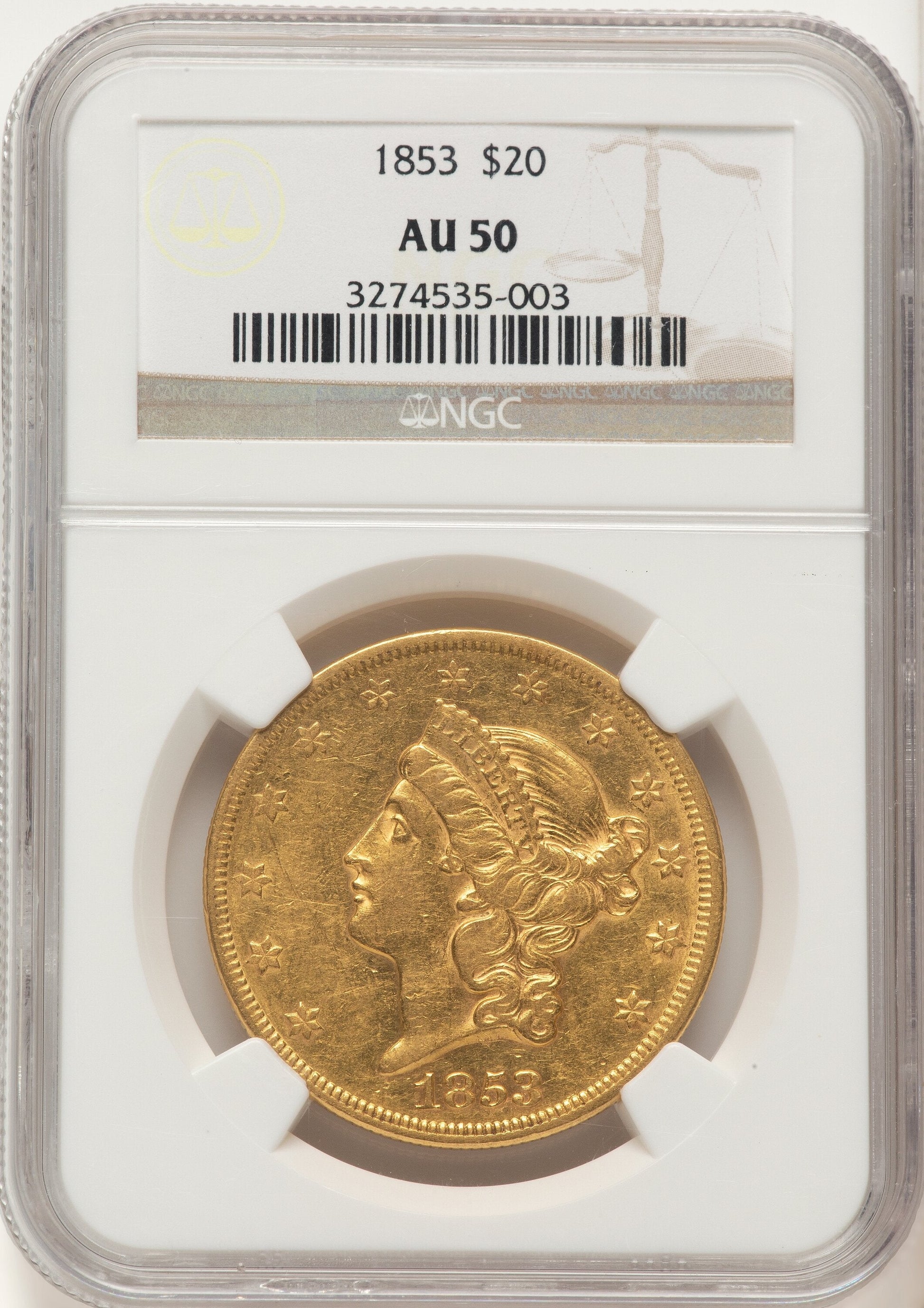 1853 $20 Brown Label Liberty Double Eagle NGC AU50