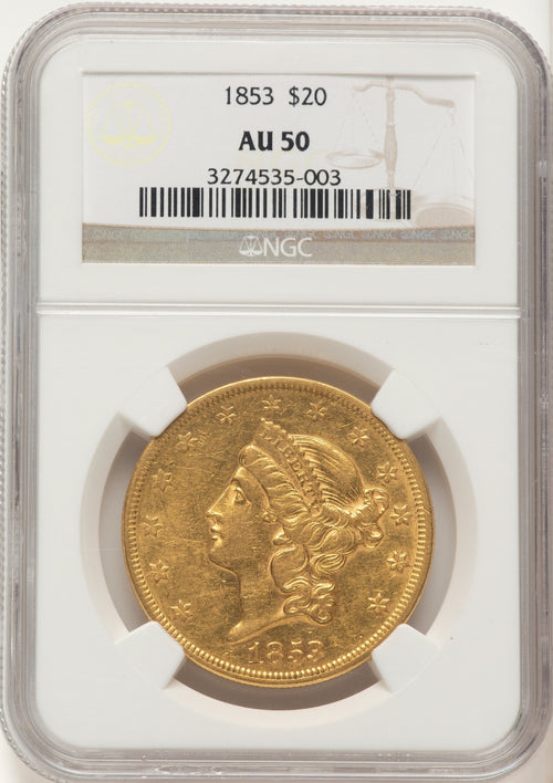 1853 $20 Brown Label Liberty Double Eagle NGC AU50