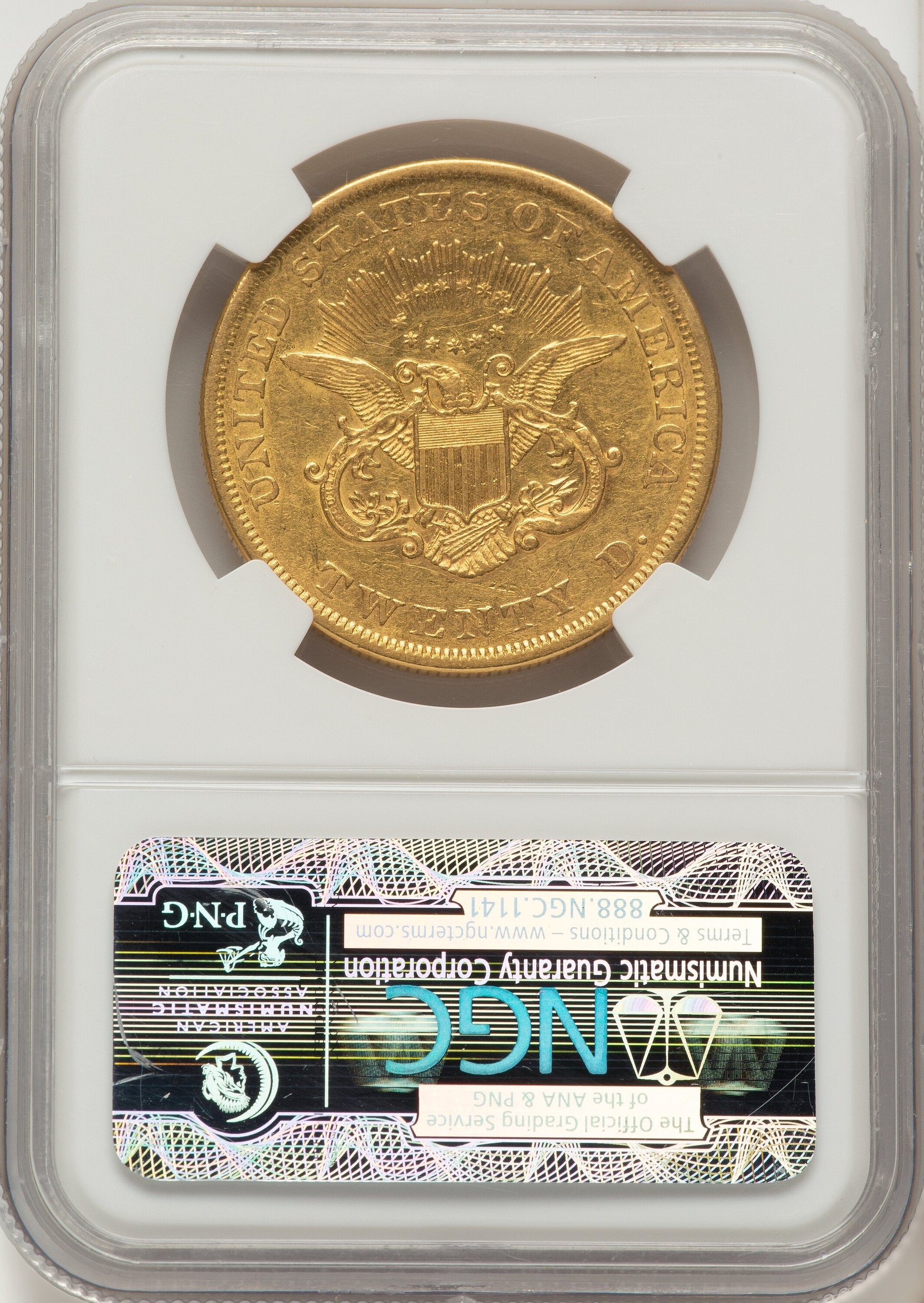 1853 $20 Brown Label Liberty Double Eagle NGC AU50