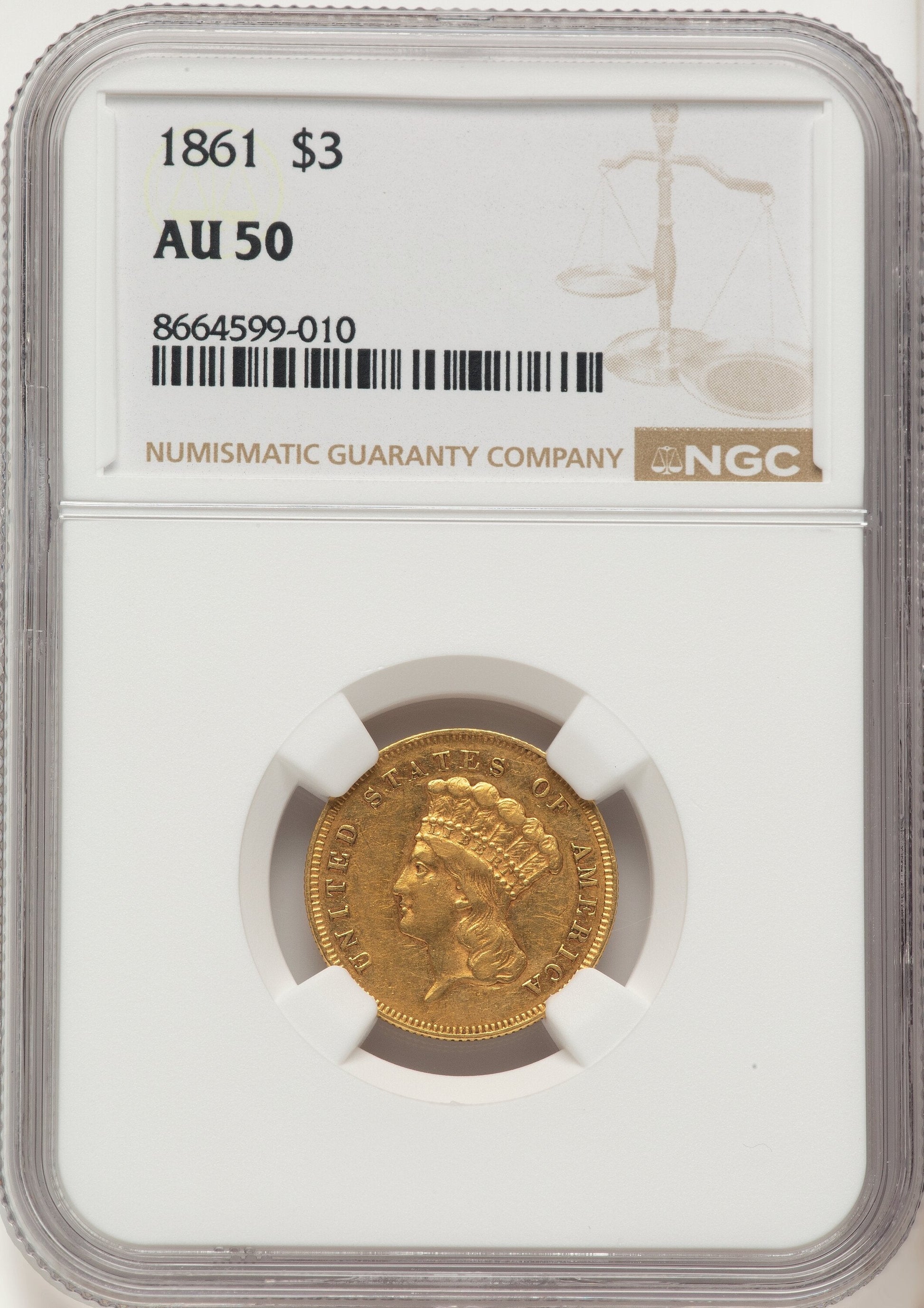 1861 $3 Three Dollar Gold Pieces NGC AU50