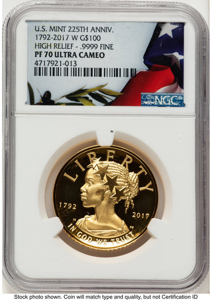 2017-W G$100 American Liberty High Relief Bunting Flag NGC PF70