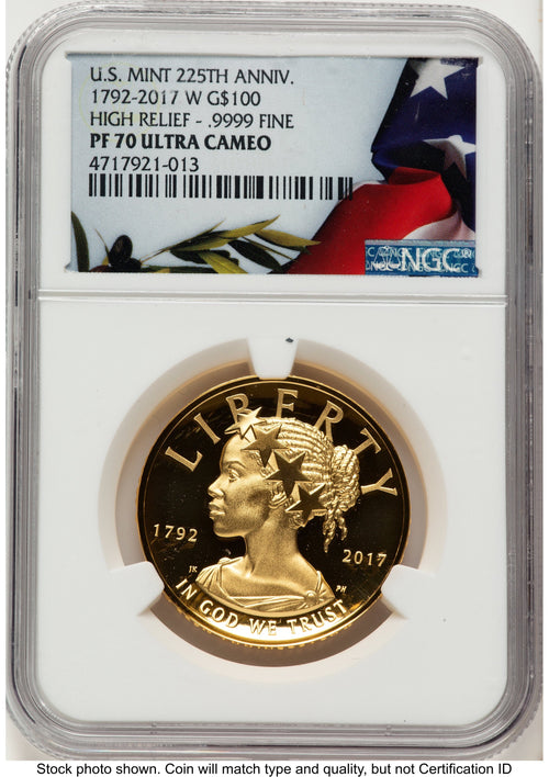 2017-W G$100 American Liberty High Relief Bunting Flag NGC PF70