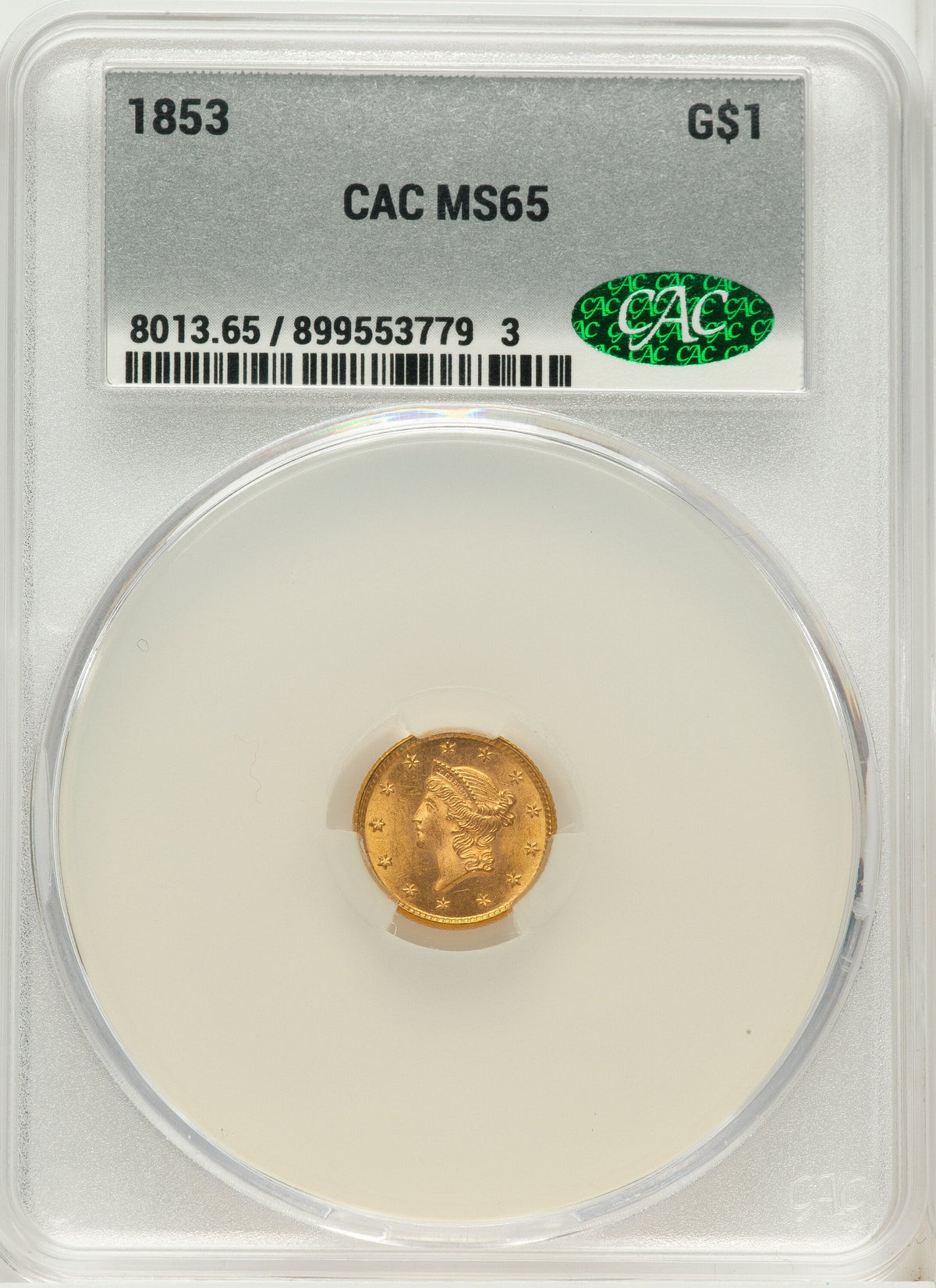 1853 G$1 Gold Dollar CACG MS65