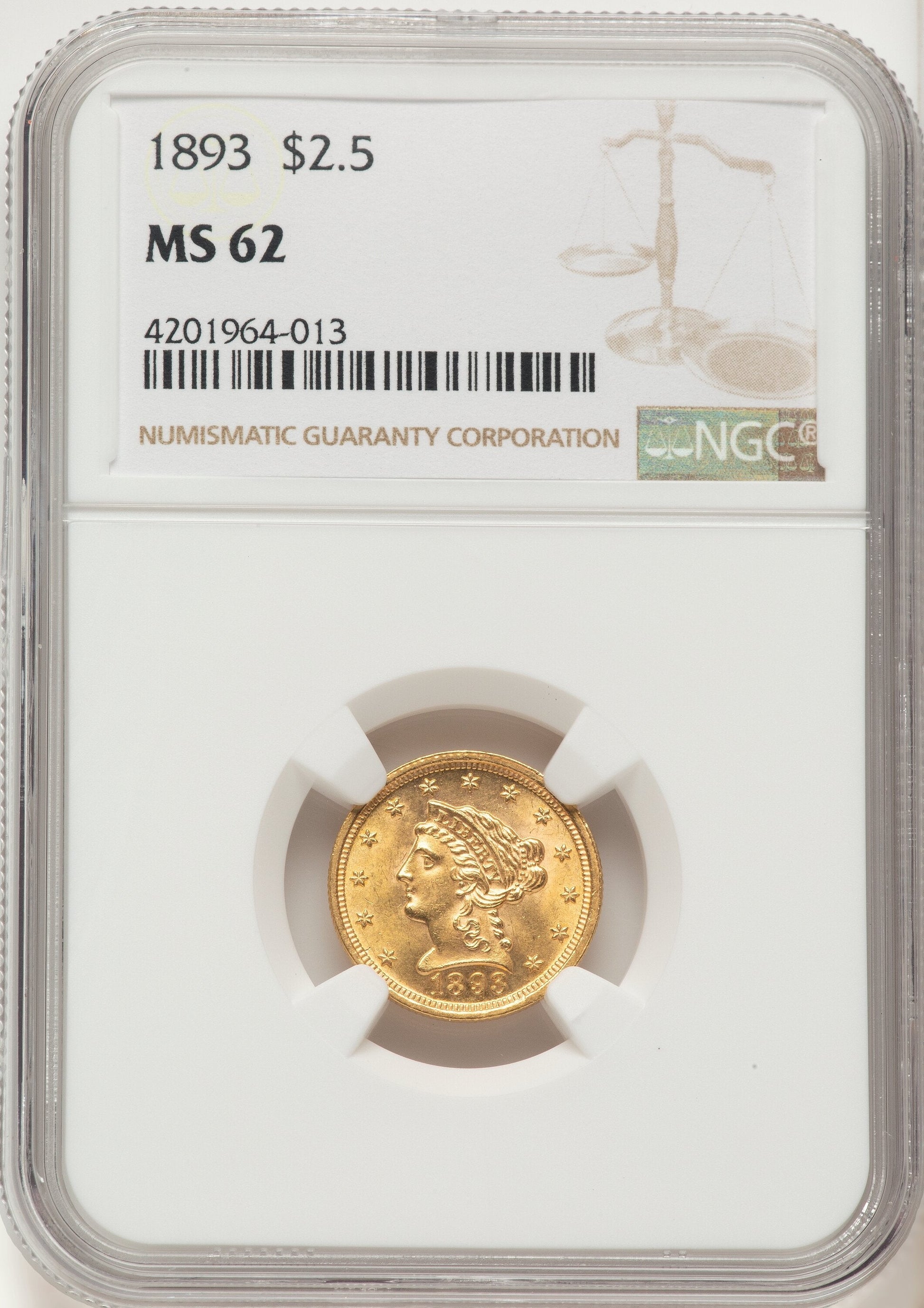 1893 $2.50 Liberty Quarter Eagle NGC MS62