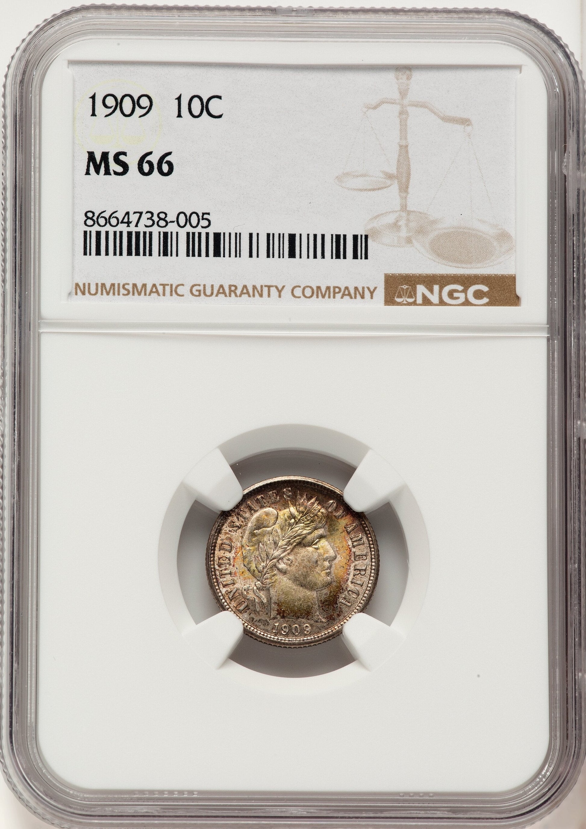 1909 10C Barber Dime NGC MS66