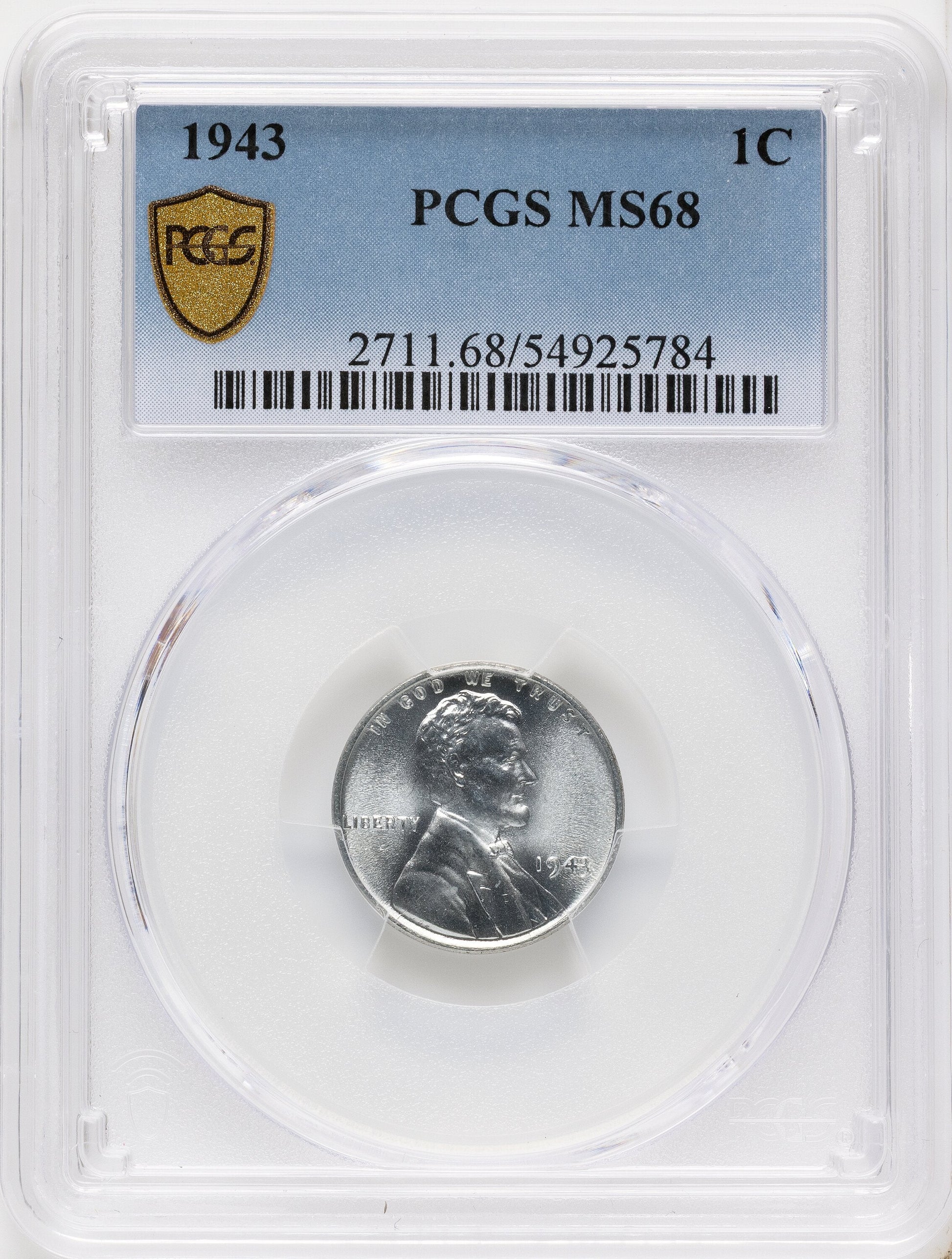 1943 1C Lincoln Cent PCGS MS68