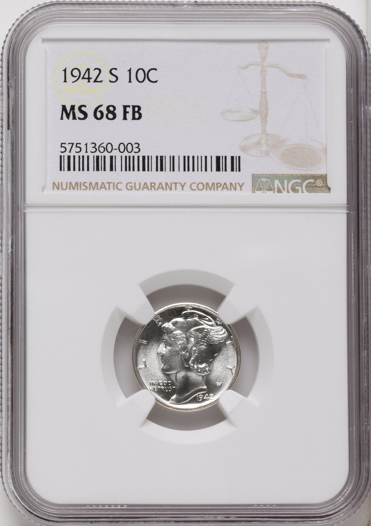 1942-S 10C FB Mercury Dime NGC MS68