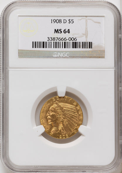 1908-D $5 Indian Half Eagle NGC MS64