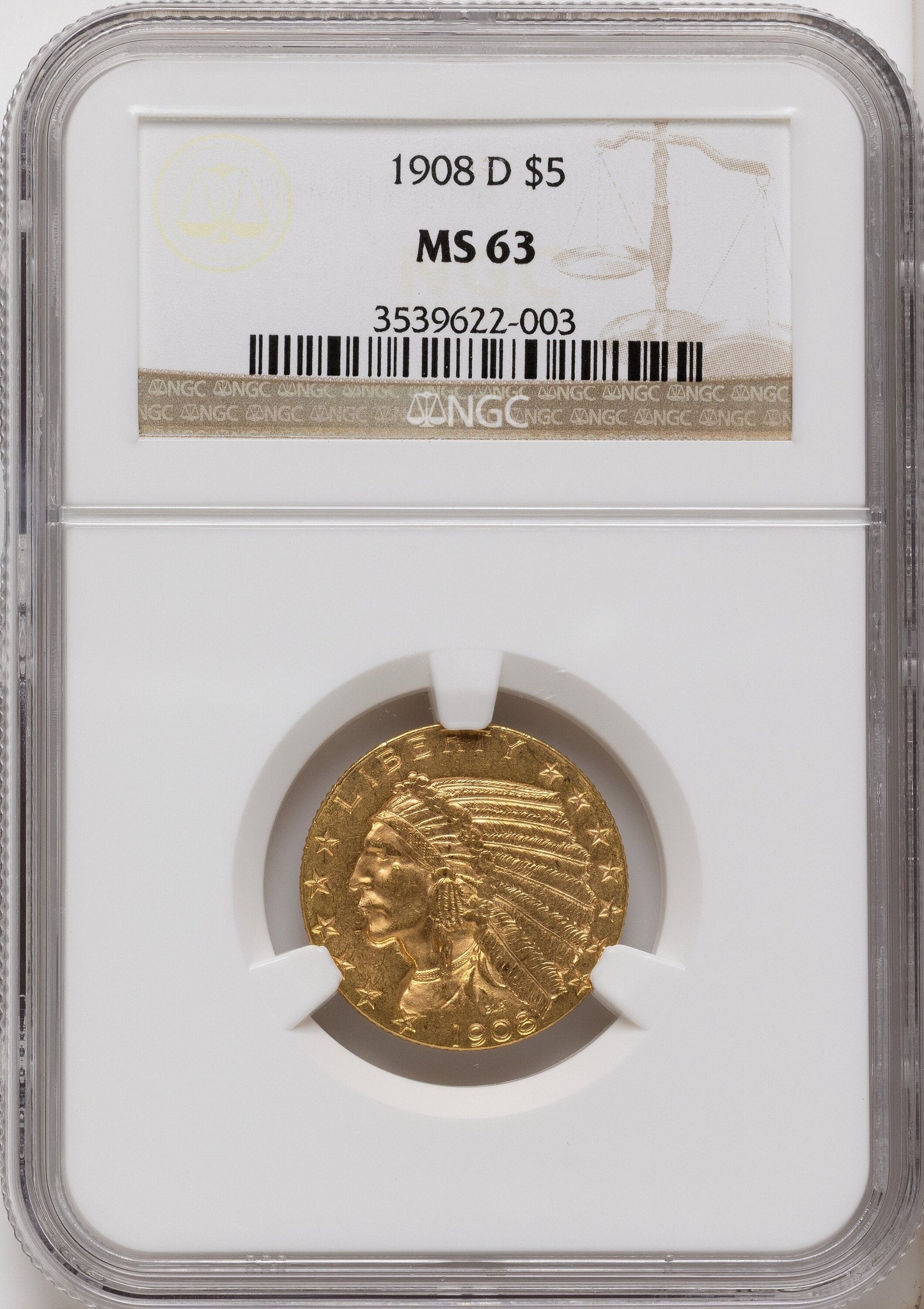 1908-D $5 Indian Half Eagle NGC MS63