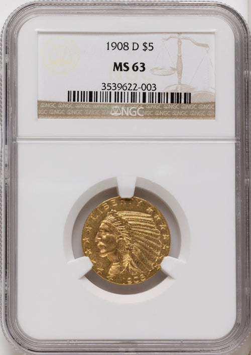 1908-D $5 Indian Half Eagle NGC MS63