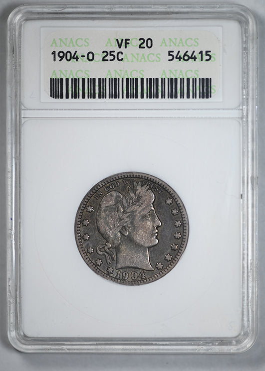 1904-O Barber Quarter 25C ANACS Soapbox VF20
