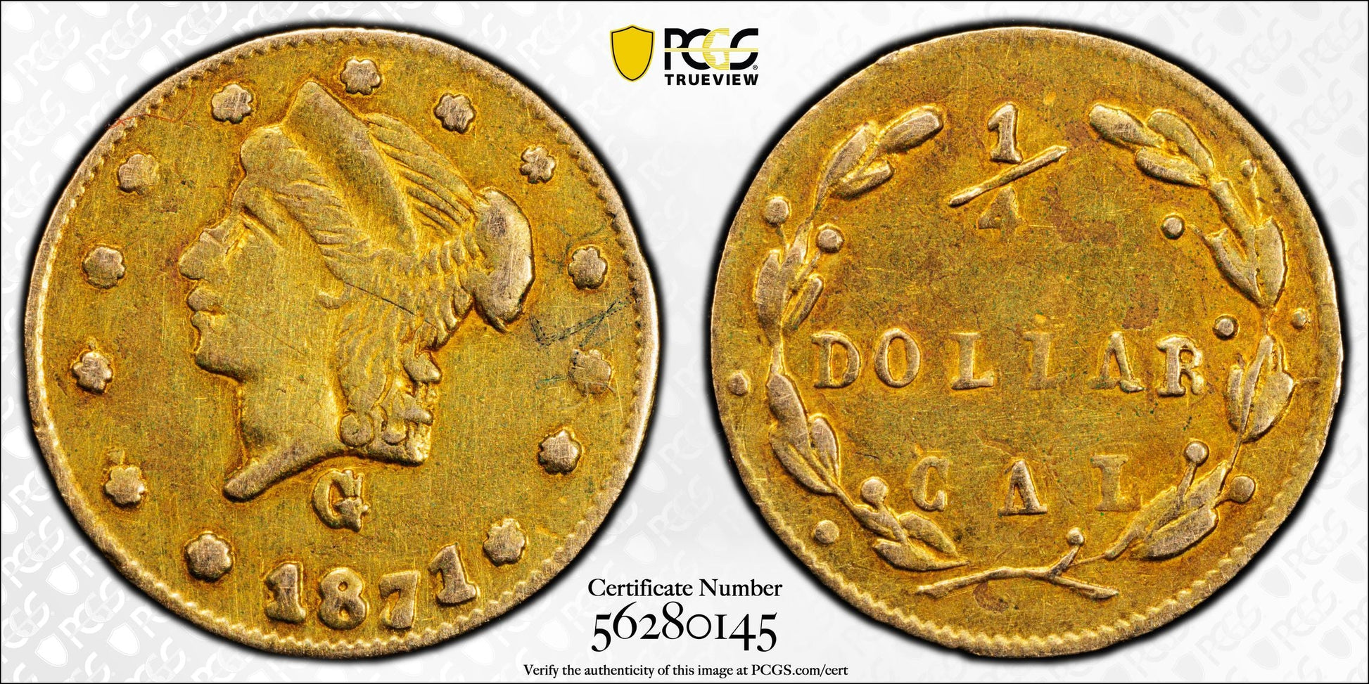 1871 Round California Fractional Gold Liberty Head 1/4 Dollar G25C PCGS AU Detail BG-838