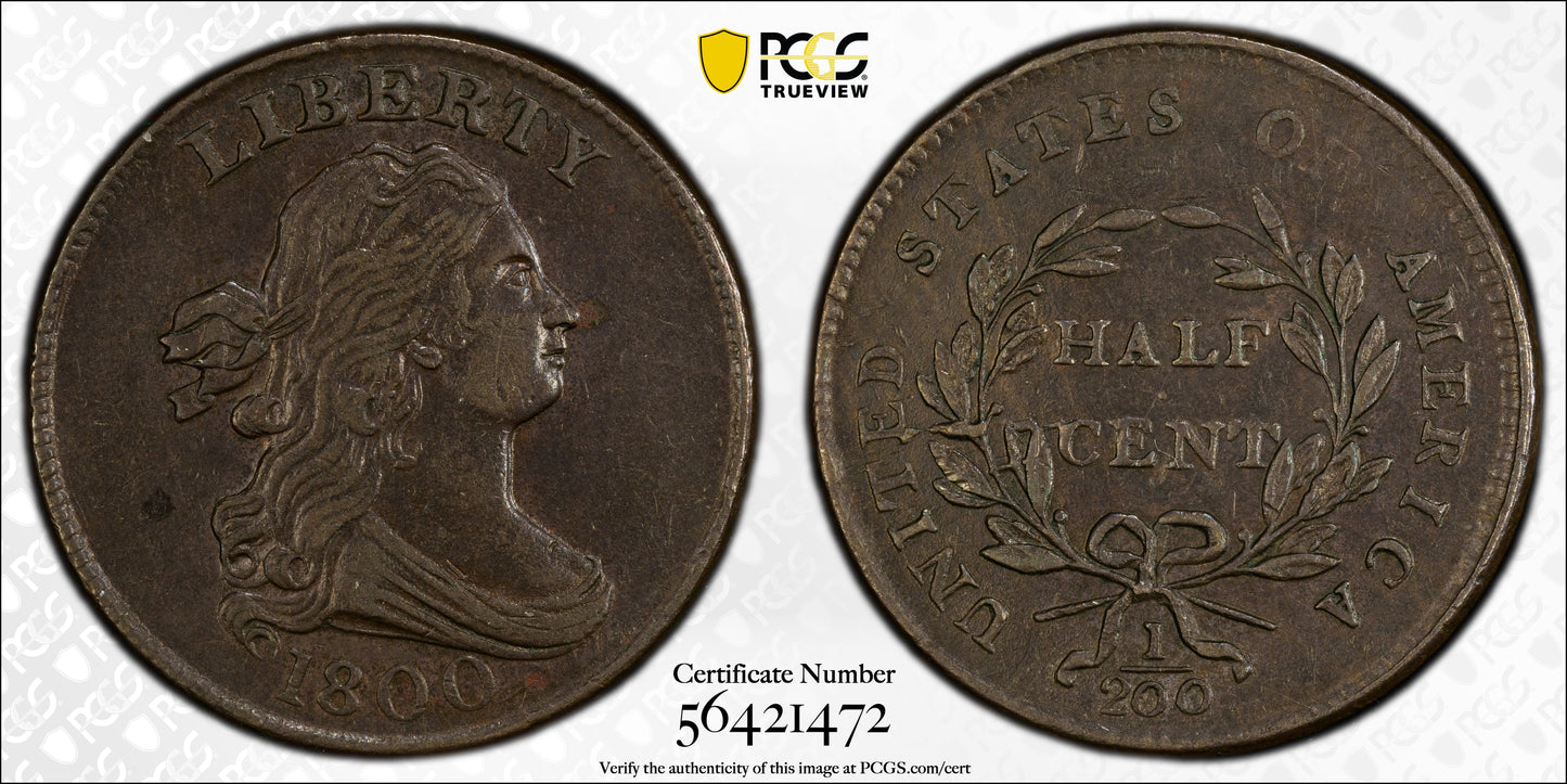1800 Draped Bust Half Cent 1/2C PCGS AU53 CAC
