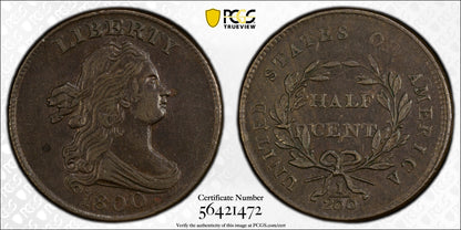 1800 Draped Bust Half Cent 1/2C PCGS AU53 CAC