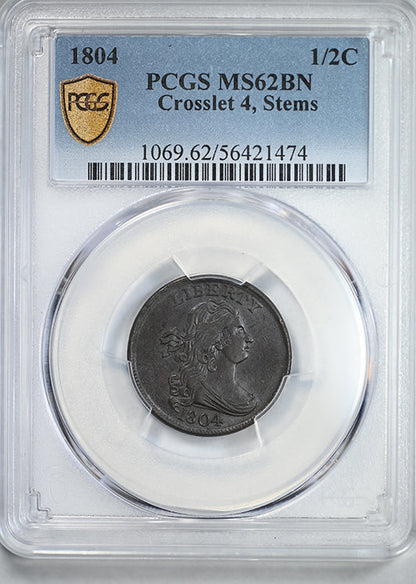 1804 Draped Bust Half Cent 1/2C PCGS MS62BN - Crosslet 4, Stems