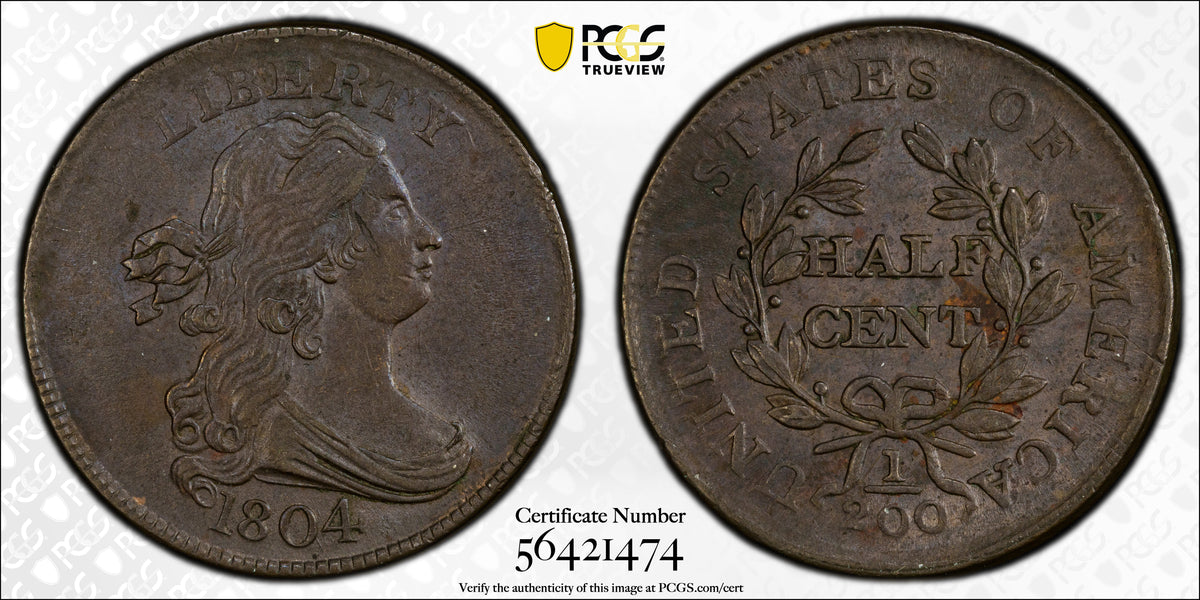1804 Draped Bust Half Cent 1/2C PCGS MS62BN - Crosslet 4, Stems