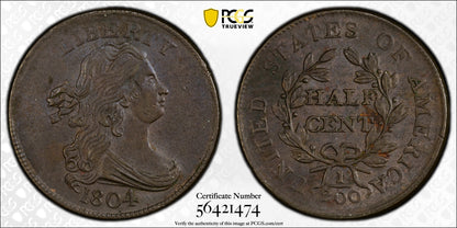 1804 Draped Bust Half Cent 1/2C PCGS MS62BN - Crosslet 4, Stems
